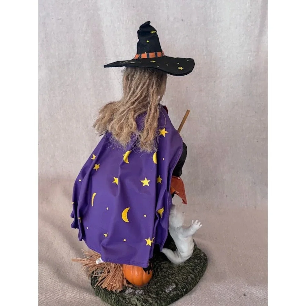 Vintage‎ Halloween Fabric Mache Witch Figurine with Broom, Ghost, and Pumpkin